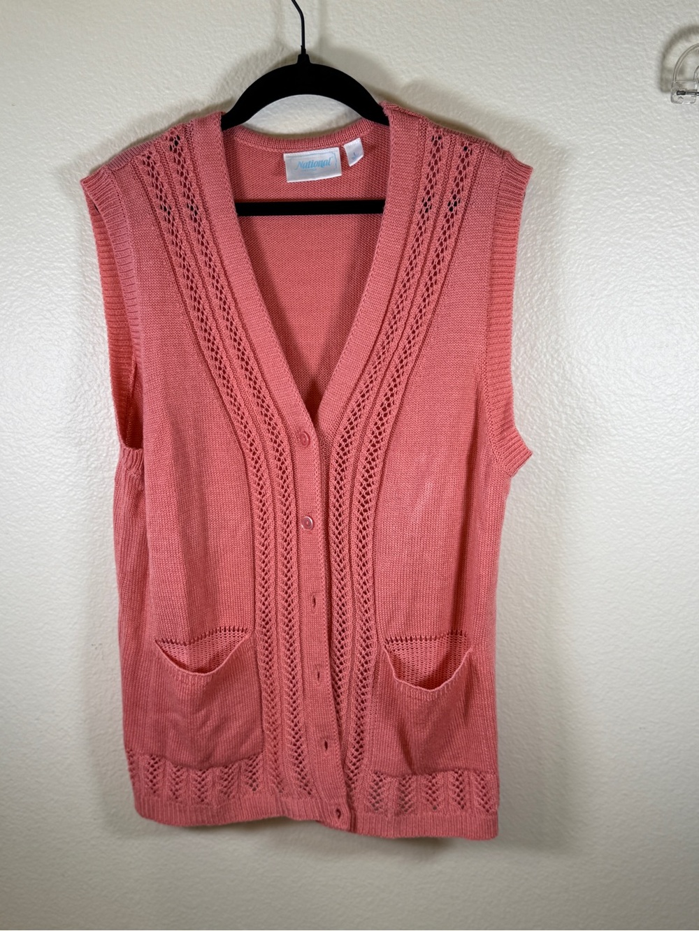 Coral Knit Sleeveless Cardigan with Eyelet Detail